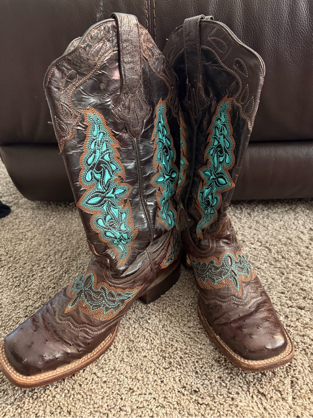 Brown Leather Women's Cowboy Boots with Turquoise Embroidery